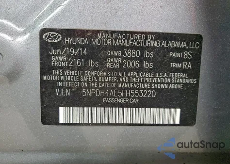 2015 Hyundai Elantra Se from USA, damaged, VIN 5NPDH4AE5FH553220